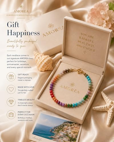 AMOREA Colorful Natural Gemstone Choker Necklace for Women, 5x8mm Genuine Stone Beads, Gold Accent Collarbone Necklace, Summer Vacation Jewelry - color: Rainbow Aura