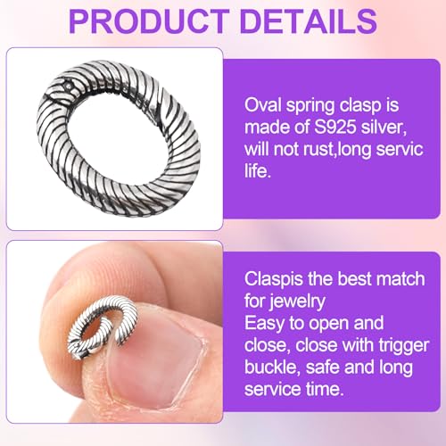 Pndeyo 2pcs 925 Sterling Silver Oval Jewelry Clasps, Hypoallergenic Necklace Enhancer Shortener, Spring Bail Clasp Rings Connector Clips for Bracelet Anklet Jewelry Making- Black