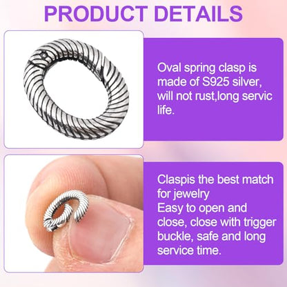 Pndeyo 2pcs 925 Sterling Silver Oval Jewelry Clasps, Hypoallergenic Necklace Enhancer Shortener, Spring Bail Clasp Rings Connector Clips for Bracelet Anklet Jewelry Making- Black