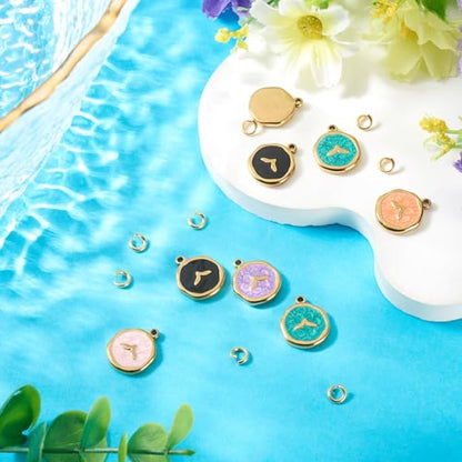 8Pcs Cute Stainless Steel Enamel Charms Flat Round with Fishtail Pendant Mixed Color Animal Theme Dangle Charm with Jump Ring for DIY Necklace Keychain Jewelry Making - color: Fishtail
