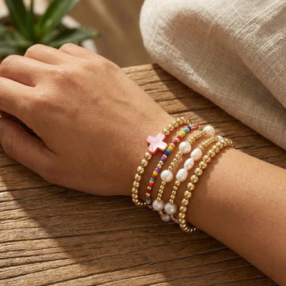 Gold Bracelets for Women, Beaded Cross Stack, Non Tarnish Set，Set-1 | Gold Beaded Bracelet Stack with Stretch Fit, Waterproof Finish and Dainty Design for Everyday Wear and Gifts - color: Colors-3