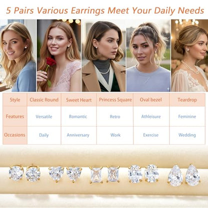 Oversized Bling Cubic Zirconia Stud Earrings Set, 5 Pairs Luxury 18K Real Gold Plated Stainless Steel Earrings, Waterproof Anti-Tarnish Hypoallergenic Ear Studs, Sparkling Jewelry for Women Teen Daily Wear Wedding Gifts