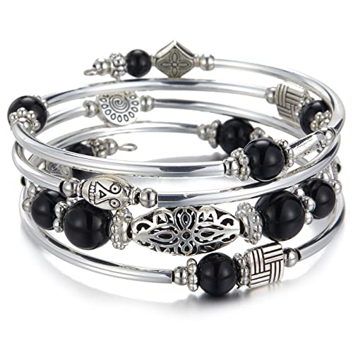 BULINLIN Layered Wrap Bangle Turquoise Bracelet - Bead Bracelet with Natural Agate Stone, Gifts For Women - color: 03-Black