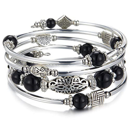 BULINLIN Layered Wrap Bangle Turquoise Bracelet - Bead Bracelet with Natural Agate Stone, Gifts For Women - color: 03-Black