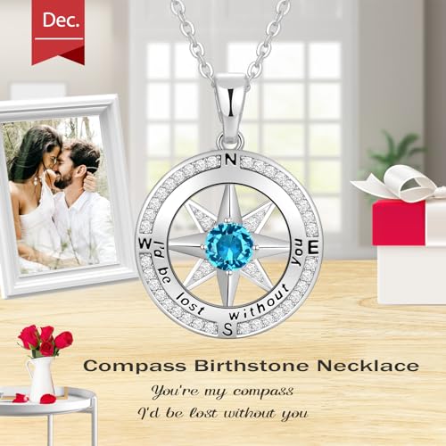 Peeshow Compass Birthstone Necklace for Women Wife, S925 Sterling Silver Gift for Wife Wedding Anniversary Birthday Gifts for Women Jewelry for Her Girlfriend I'd be Lost without You - style: 12-Dec-Turquoise