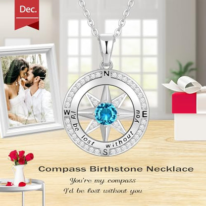 Peeshow Compass Birthstone Necklace for Women Wife, S925 Sterling Silver Gift for Wife Wedding Anniversary Birthday Gifts for Women Jewelry for Her Girlfriend I'd be Lost without You - style: 12-Dec-Turquoise