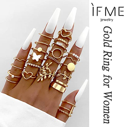 iF YOU 25 Pcs Gold Stackable Ring Set for Women, Chunky Knuckle Finger Midi Rings, Silver Simple Stacking Cute Rings Pack Trendy Stuff Jewelry Gift - style: 24 Gold leaf-size 6-9