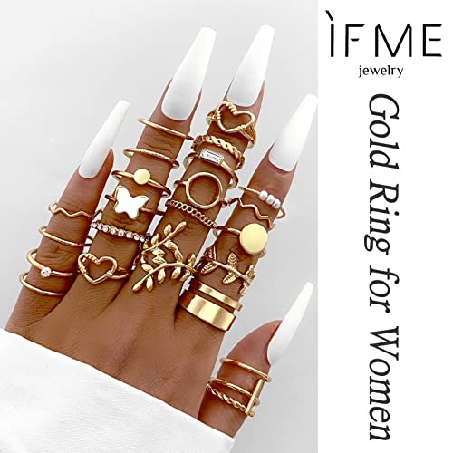 iF YOU 25 Pcs Gold Stackable Ring Set for Women, Chunky Knuckle Finger Midi Rings, Silver Simple Stacking Cute Rings Pack Trendy Stuff Jewelry Gift - style: 24 Gold leaf-size 6-9