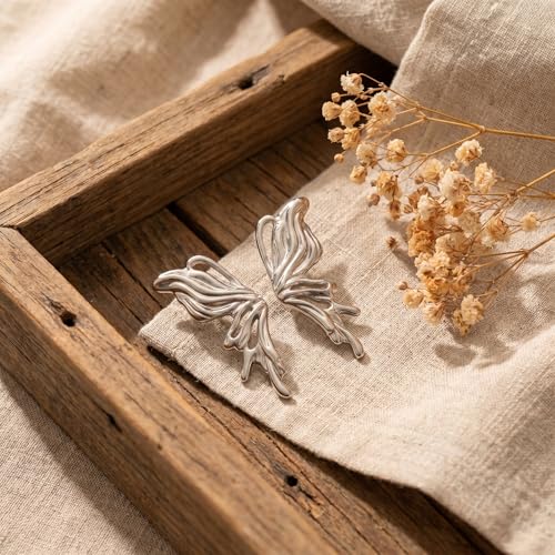 Chunky Gold Plated Flower Statement Drop Earrings for Women | Hypoallergenic 18K Gold Plated Textured Petal Wing, Large Statement Dangle Earrings for Wedding Party - color: Silver Butterfly-1