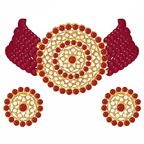 Aheli Pearl Diamond Choker Necklace & Round Earrings Gift for Women Indian Traditional Bollywood Fashion Bharatanatyam jewellery set - color: Red