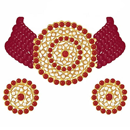 Aheli Pearl Diamond Choker Necklace & Round Earrings Gift for Women Indian Traditional Bollywood Fashion Bharatanatyam jewellery set - color: Red