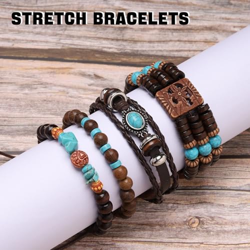 Mens Beaded Bracelets Tribal Wooden Elastic Adjustable Prayer Beads Wrap Cuff for Women - color: H: 4pcs