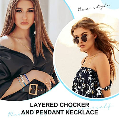 Batiyeer 60 Pcs Boho Surfer Wave Bracelet and Necklace Set for Women, Summer Beach Y2k Layered Choker Anklets Knuckle Rings - style: Bohemian,Chain