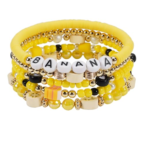 Twinfree Bohemian Cute Fruit Banana Cherry Strawberry Pineapple Mango Polymer Clay Beaded Stackable Stretch Bracelets - color: color 22