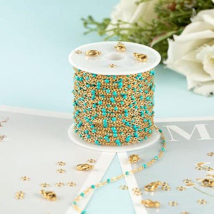 KYUNHOO 16.4 Feet Turquoise Beaded Rosary Spool Gold Plated Chains Bulk | Stainless Steel Chains for Jewelry Making Necklace Ankle Earring DIY Jewelry Findings - color: Gold-Turquoise