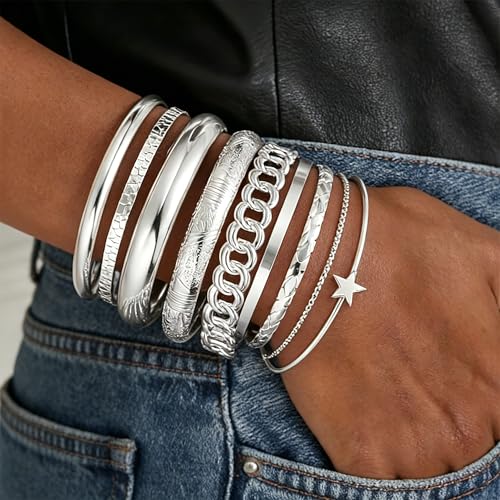ÌF ME Gold Bangle Bracelets for Women, 19Pcs Multi Stackable Textured Bangles Set, 14K Gold Plated Chunky Bracelet Boho Jewelry Gifts - color: Silver