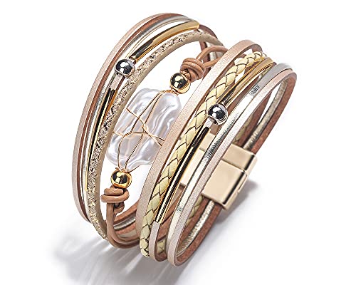 Fesciory Leather Wrap Bracelets for Women, Boho Western Layered Jewelry | Layered leather cuff bracelets, Easy on and off, Boho western style, Daily wear, Gift for women - color: Gold 3