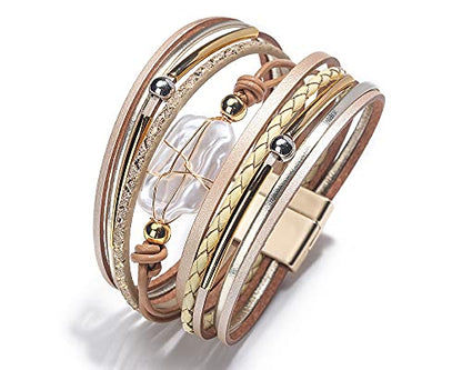 Fesciory Leather Wrap Bracelets for Women, Boho Western Layered Jewelry | Layered leather cuff bracelets, Easy on and off, Boho western style, Daily wear, Gift for women - color: Gold 3