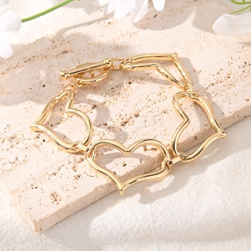 14K Gold & Silver Plated Lightweight Link Bracelet for Women | Stackable Bracelets ,14K Gold Plated Bracelets with CZ,Lightweight Trendy Chain Bracelet Jewelry Gift - style: gold heart