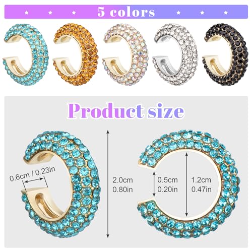 Joez Wonderful 5pcs Chunky Ear Cuff for Women, 0.8in, 5 Colors | Metal, with Rhinestone, Hypoallergenic, Non Piercing, Round, Huggie Clip on Cartilage Earrings, for Diy Accessories, Birthday