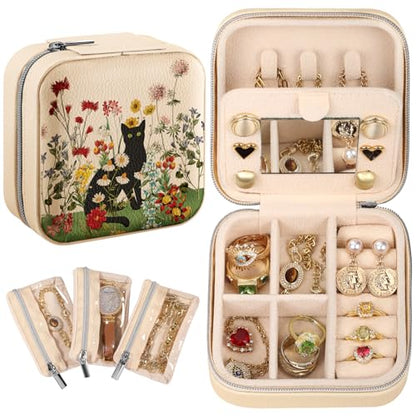 Bistup Travel Jewelry Case - Small Jewelry Organizers and Storage Box for Women Girls Teens Cute Traveling Jewelry Holder with Mirror Little Tiny Compact Modern Unique Aesthetic Pretty, Cat Flower - style: Cat Flower