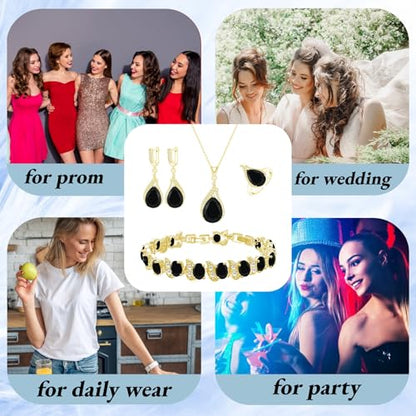 GZWHD Jewelry Set for Women CZ Earrings Necklace Ring Bracelet Set Prom Party Wedding Jewelry Gift for Mother Friend Wife - color: B-Gold-Black