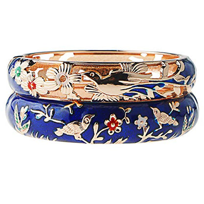 UJOY Cloisonne Indian Bangle Colored Crystal Plated Hinge Cuff Bracelet Hollowed Bird Enamel Jewelry Gift 55C49 - color: 2 Pcs/set-Navy Blue