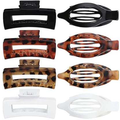 CHANDAT Hair Clips for Women, Flat Hair Clips, 8 pcs, 2style - Leopard | 4.3 Inch Large Square Hair Claw Clips & Flat Hair Clips, Thick & Thin Hair, Hair Accessories for Women, Strong Hold Non-Slip - color: Leopard