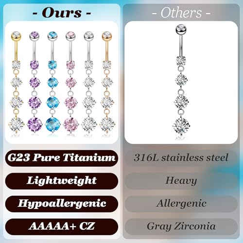 14G G23 Pure Titanium Dangle Belly Button Rings for Women Dangling Belly Ring Curved Barbell Internally Threaded Navel Rings CZ Navel Piercing Jewelry - color: Pink