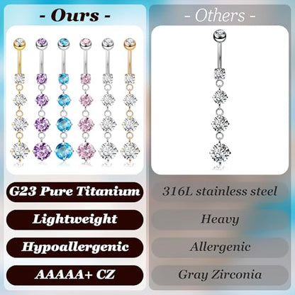 14G G23 Pure Titanium Dangle Belly Button Rings for Women Dangling Belly Ring Curved Barbell Internally Threaded Navel Rings CZ Navel Piercing Jewelry - color: Pink