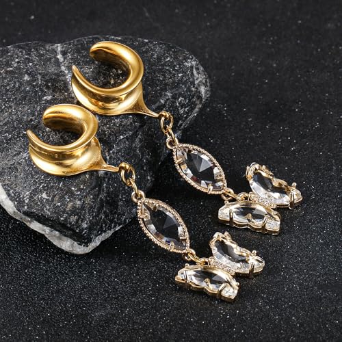 1 Pair Saddle Gauges Earring with Green Crystal Stone Ear Dangle Plugs Tunnels 00G 6mm-25mm (0G-1") Body Piercing Jewelry - color: Gold-1613, size: 16 mm