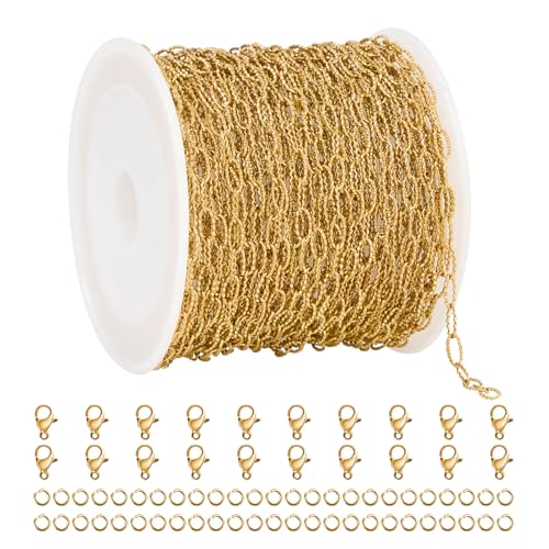 UMAOKANG 32.8 Feet Embossed Paperclip Jewelry Chain Roll Dainty Gold Plated Stainless Steel Chains for Jewelry Making - color: Embossed Paperclip Gold