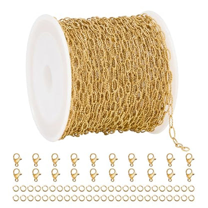 UMAOKANG 32.8 Feet Embossed Paperclip Jewelry Chain Roll Dainty Gold Plated Stainless Steel Chains for Jewelry Making - color: Embossed Paperclip Gold