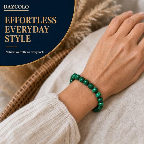 8mm Natural Crystal Stretch Bracelet | Handmade Round Stone Bead Bracelet, Runs Large, Meditation Yoga Gift for Women & Men - color: Malachite