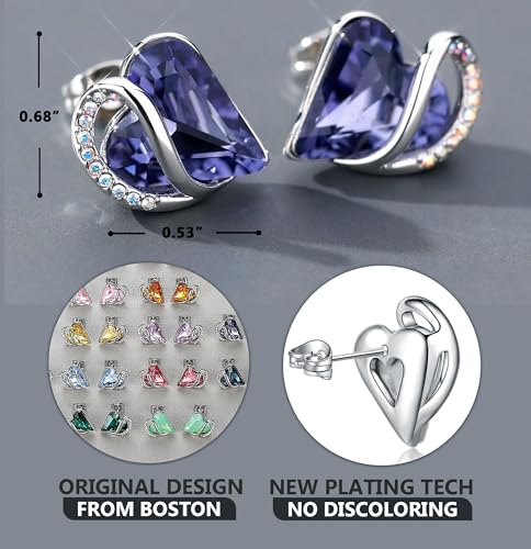 Infinity Love Heart Stud Earrings for Women, Birthstone and Healing Stone, Gifts for Mom, Wife, and Her, Silver Plated - color: 02b-February-Tanzanite Purple