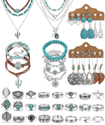 IFKM Bohemian Jewelry Set With Turquoise Necklace, Dangle Earrings, Stackable Bangle Bracelets, Knuckle Rings For Women Vintage Western Boho Turquoise Anniversary Birthday Friendship Gift - style: Bohemian style