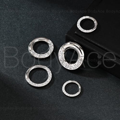 CZ Hinged Segment Clicker PA Rings, 2G 4G 6G 8G 10G 12G Large Septum Nose Rings, Surgical Steel Spring Action BCR Ring Ear Gauges Earrings Hoops - color: 8G(3mm),Hoops:16mm