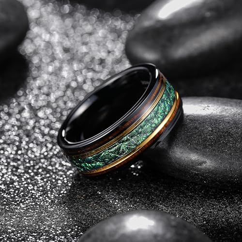 King Will Wood Wedding Band Wood Inlay for Men - color: Wood & Green Leather-8mm
