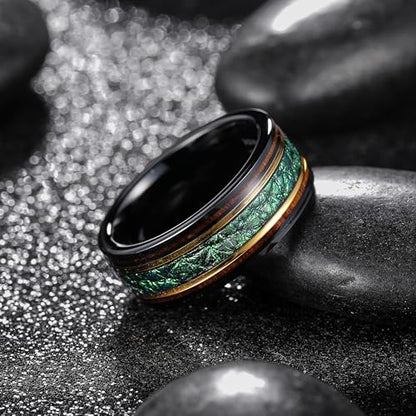 King Will Wood Wedding Band Wood Inlay for Men - color: Wood & Green Leather-8mm