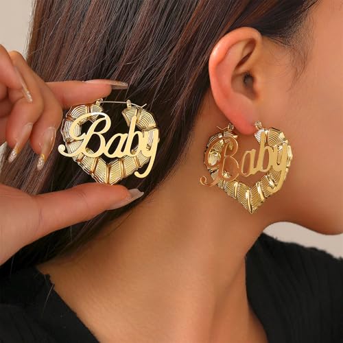 18K Gold Plated Bamboo Hoop Earrings for Women – Large Round Heart Design, 80/90s Ghetto Door Knocker Style, Trendy Hip Hop Jewelry Accessories - color: 2 Pcs Gold
