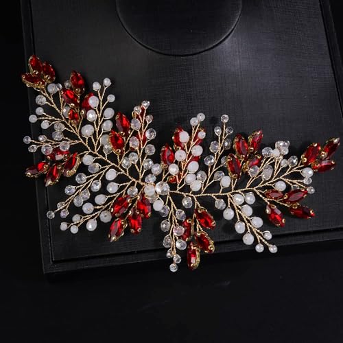 Boho Red Crystal Headband for Women Girls Wedding Bridal Handmade Branches Headpiece Special Occasion Hair Styling Jewelry (Red White) - color: Red White