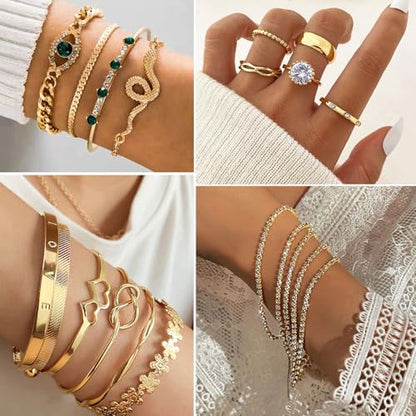 17IF 38-59 Pcs(9-8 Pack) Gold Plated Jewelry Set for Women With 8 Necklace 12 Bracelet 27 Ring 12 Pair Earring Hoop Simple Sparkle for Happy - style: Golden-59Pcs