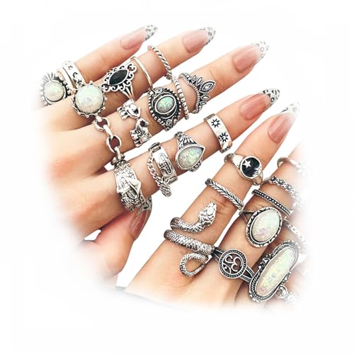 17IF Vintage Silver Knuckle Rings Set for Women Men, Chunky Boho Rings | Aesthetic Snake Grunge Stackable Gothic Ring Adjustable Y2K Punk Bulky Finger Alt of Rings, Stacking Flower Midi Ring Pack - style: 42