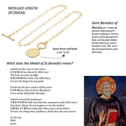 SOFYBJA Saint Benedict Necklace Drop 18K Gold Toggle Medallion Coin Cross Pendant Necklaces Religious Jewelry Catholic Gift for Women - color: St Benedict Medal