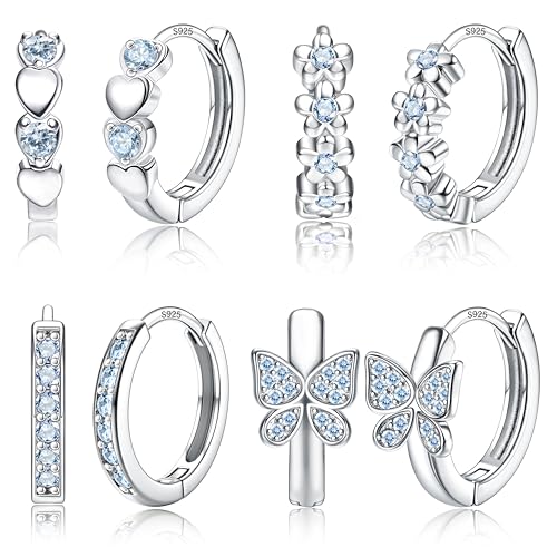 925 Sterling Silver Post Small Hoop Earrings For Girls - Hypoallergenic Huggie Earrings for Women Cute Heart Flowers Butterfly Star Cubic Zirconia Cartilage Earrings For Sensitive Ears 4Pairs - color: Blue
