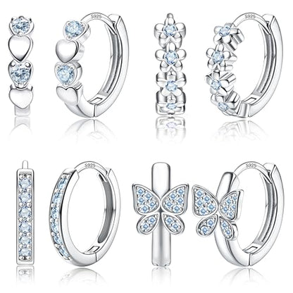 925 Sterling Silver Post Small Hoop Earrings For Girls - Hypoallergenic Huggie Earrings for Women Cute Heart Flowers Butterfly Star Cubic Zirconia Cartilage Earrings For Sensitive Ears 4Pairs - color: Blue