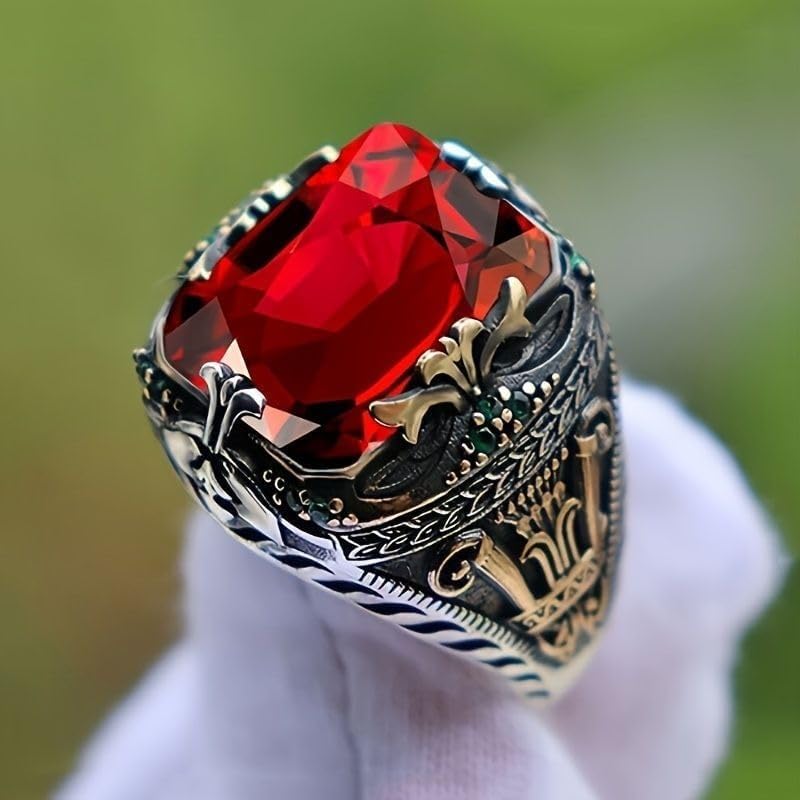 Red Gemstone Statement Ring Vintage Style Large Stone Ring Retro Fashion Jewelry for Daily Wear