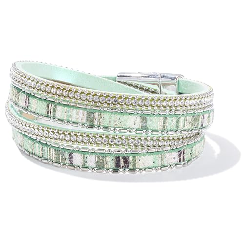 Boho Double Wrap Leather Bracelets Stackable Layered Western Hippie Jewelry | Colorful Stacked Bohemian Statement Chunky Magnetic Clasp Cuff Bangles Cowgirl Country Summer Beach Outfits for Women Trendy - color: Green