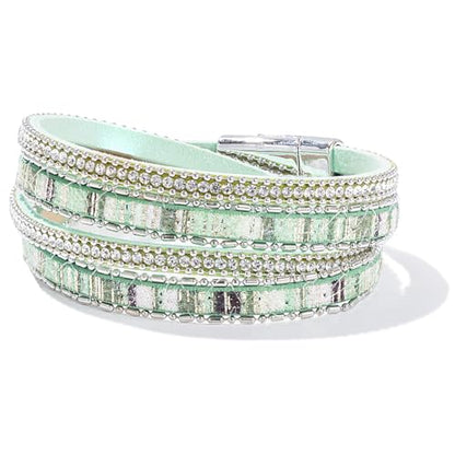 Boho Double Wrap Leather Bracelets Stackable Layered Western Hippie Jewelry | Colorful Stacked Bohemian Statement Chunky Magnetic Clasp Cuff Bangles Cowgirl Country Summer Beach Outfits for Women Trendy - color: Green