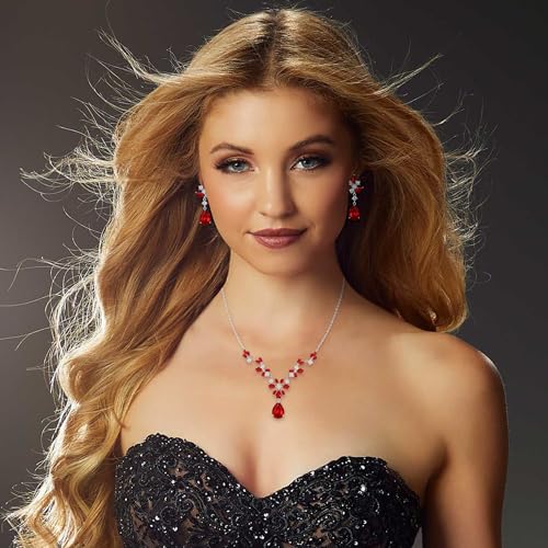 EleQueen Women's Wedding Bridal Jewelry Set for Brides Bridesmaids, Silver/14K Gold/Rose Gold Plated Cubic Zirconia Teardrop Necklace Dangle Earrings Bracelet Sets for Party Prom - color: 05-Ruby Color-Necklace+Earrings+Bracelet